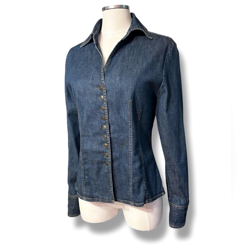 LIVE A LITTLE Stretch Denim Snap Front Fitted Y- Neck Collared Top Y2K